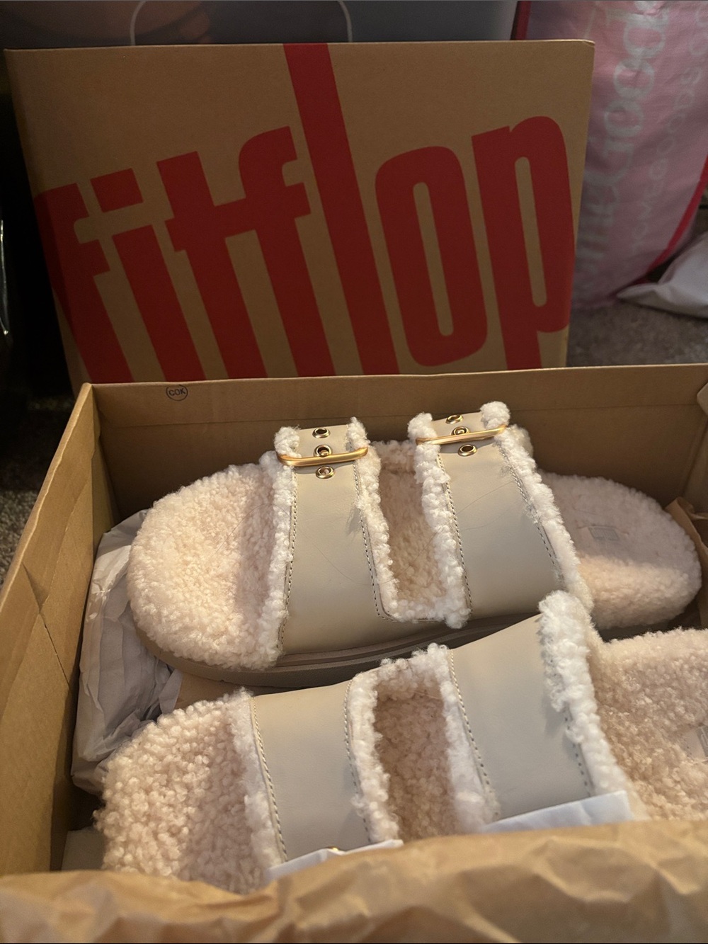 Fitflop Cream Shearling Slide Sandals with Gold Buckles